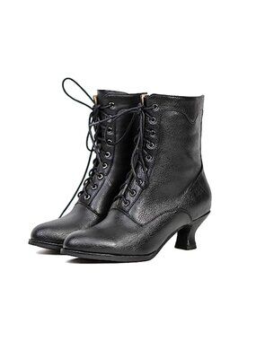 Lace Up Mid Calf Boots Round Toe Chunky Heel Rubber Sole Synthetic Lining